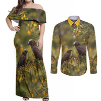 New Zealand Kaka Bird Couples Matching Off Shoulder Maxi Dress and Long Sleeve Button Shirt Kowhai Flower Landscape Style LT22 Green - Polynesian Pride