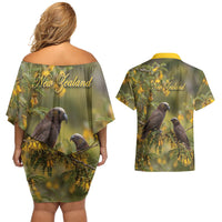 New Zealand Kaka Bird Couples Matching Off Shoulder Short Dress and Hawaiian Shirt Kowhai Flower Landscape Style LT22 - Polynesian Pride