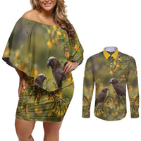 New Zealand Kaka Bird Couples Matching Off Shoulder Short Dress and Long Sleeve Button Shirt Kowhai Flower Landscape Style LT22 Green - Polynesian Pride