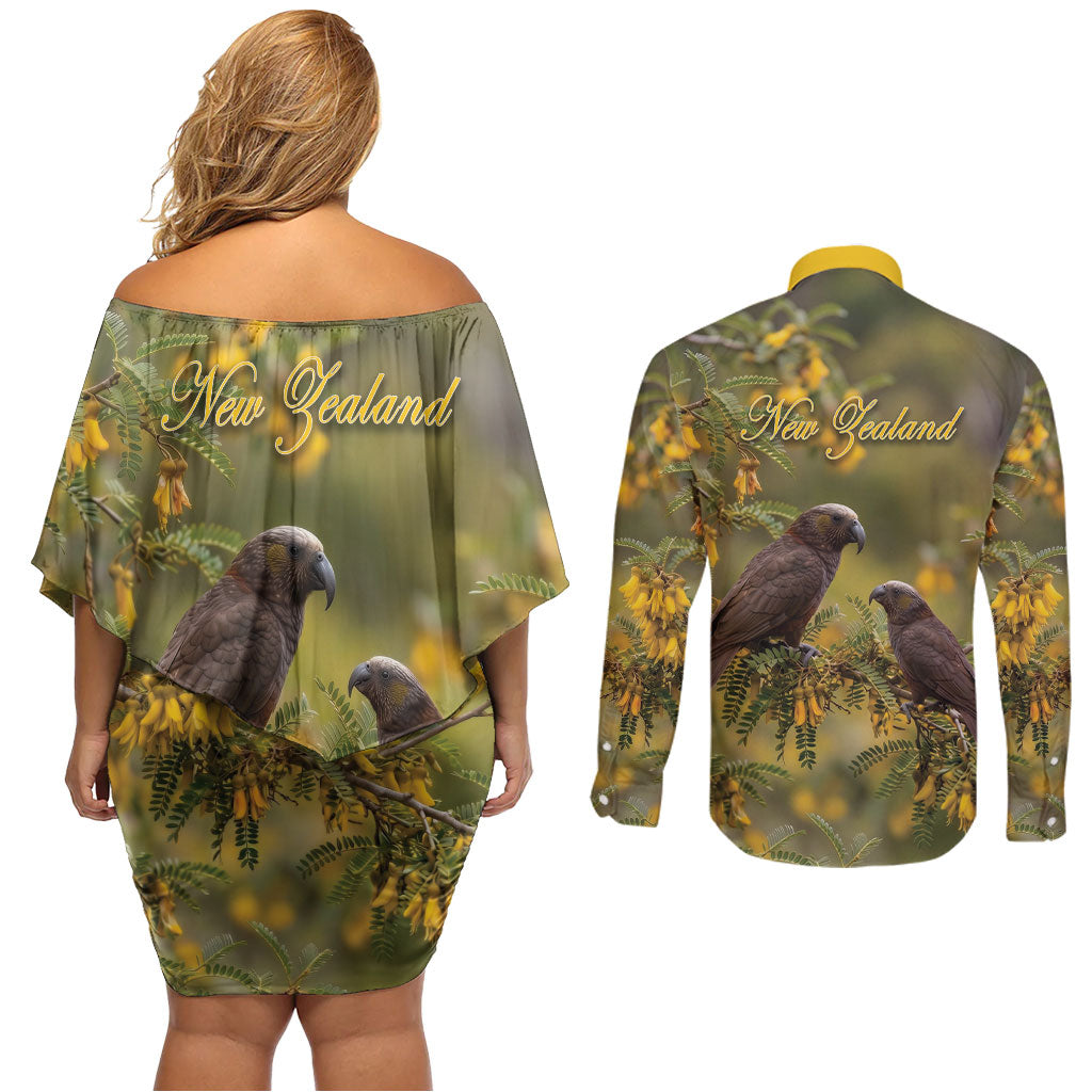 New Zealand Kaka Bird Couples Matching Off Shoulder Short Dress and Long Sleeve Button Shirt Kowhai Flower Landscape Style LT22 - Polynesian Pride