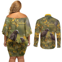New Zealand Kaka Bird Couples Matching Off Shoulder Short Dress and Long Sleeve Button Shirt Kowhai Flower Landscape Style LT22 - Polynesian Pride