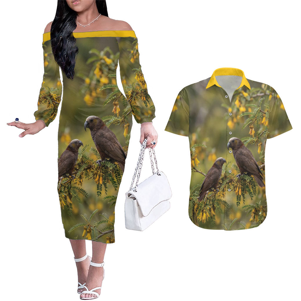 New Zealand Kaka Bird Couples Matching Off The Shoulder Long Sleeve Dress and Hawaiian Shirt Kowhai Flower Landscape Style LT22 Green - Polynesian Pride