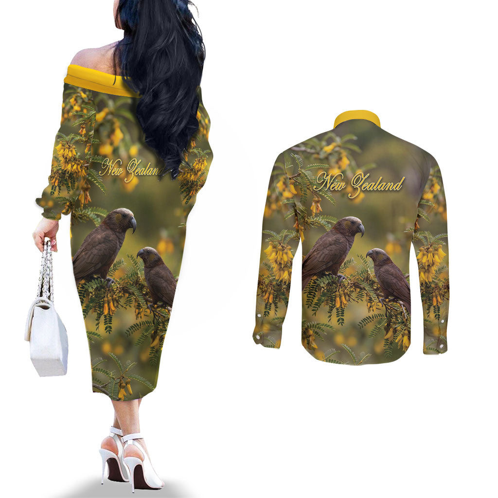 New Zealand Kaka Bird Couples Matching Off The Shoulder Long Sleeve Dress and Long Sleeve Button Shirt Kowhai Flower Landscape Style LT22 - Polynesian Pride