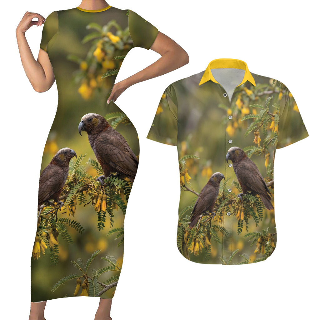 New Zealand Kaka Bird Couples Matching Short Sleeve Bodycon Dress and Hawaiian Shirt Kowhai Flower Landscape Style LT22 Green - Polynesian Pride