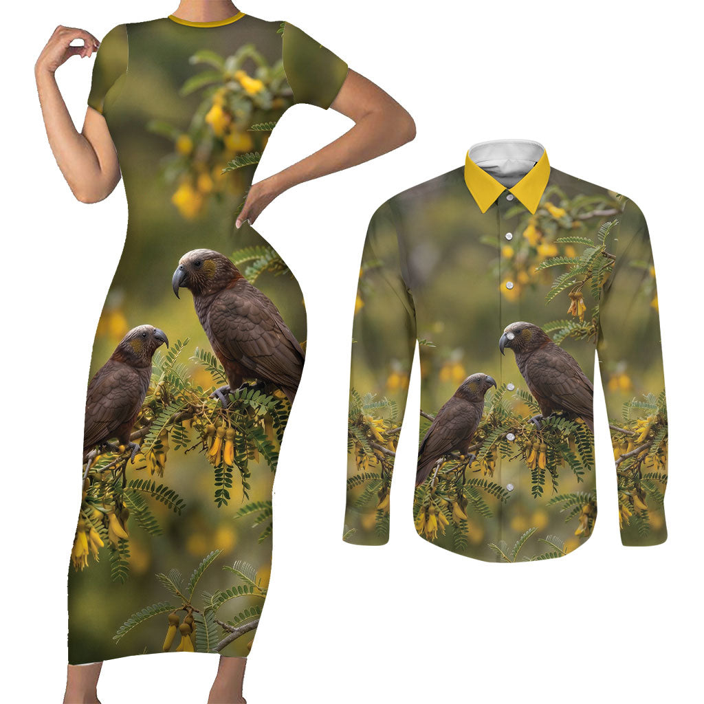 New Zealand Kaka Bird Couples Matching Short Sleeve Bodycon Dress and Long Sleeve Button Shirt Kowhai Flower Landscape Style LT22 Green - Polynesian Pride