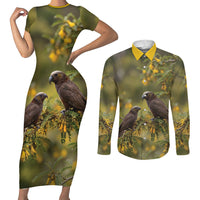 New Zealand Kaka Bird Couples Matching Short Sleeve Bodycon Dress and Long Sleeve Button Shirt Kowhai Flower Landscape Style LT22 Green - Polynesian Pride