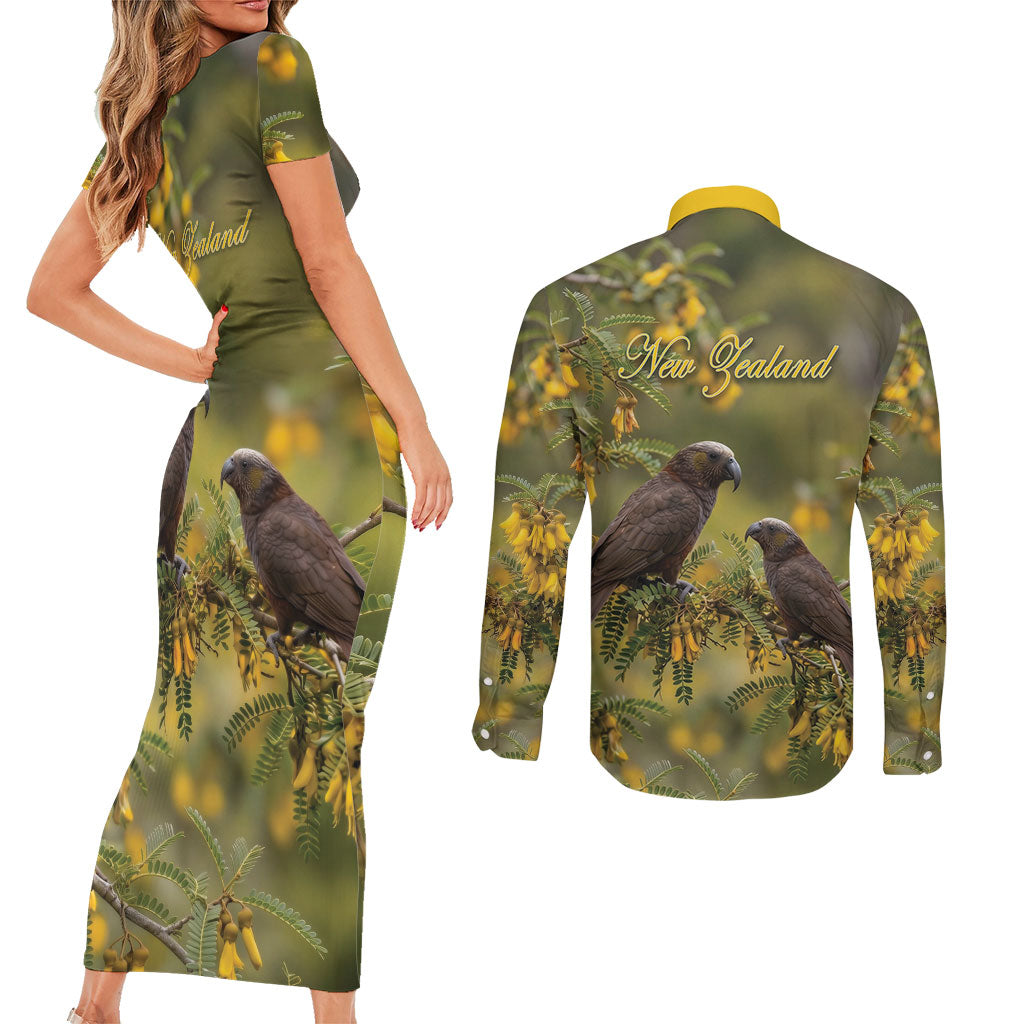 New Zealand Kaka Bird Couples Matching Short Sleeve Bodycon Dress and Long Sleeve Button Shirt Kowhai Flower Landscape Style LT22 - Polynesian Pride
