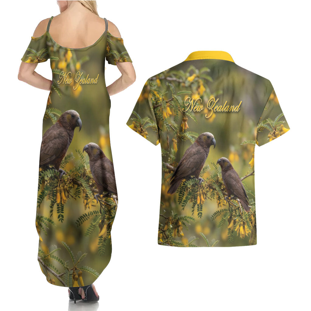 New Zealand Kaka Bird Couples Matching Summer Maxi Dress and Hawaiian Shirt Kowhai Flower Landscape Style LT22 - Polynesian Pride