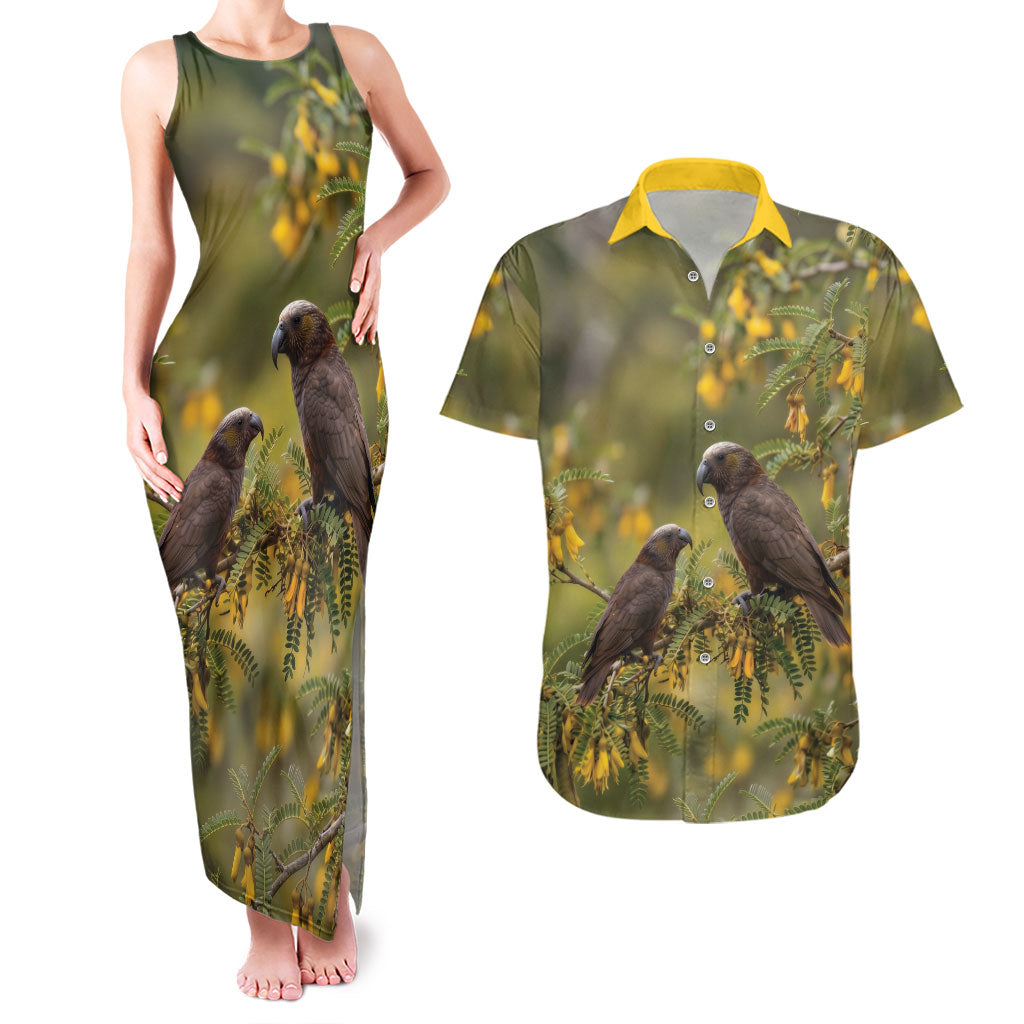 New Zealand Kaka Bird Couples Matching Tank Maxi Dress and Hawaiian Shirt Kowhai Flower Landscape Style LT22 Green - Polynesian Pride