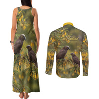 New Zealand Kaka Bird Couples Matching Tank Maxi Dress and Long Sleeve Button Shirt Kowhai Flower Landscape Style LT22 - Polynesian Pride