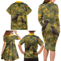 New Zealand Kaka Bird Family Matching Long Sleeve Bodycon Dress and Hawaiian Shirt Kowhai Flower Landscape Style LT22 - Polynesian Pride