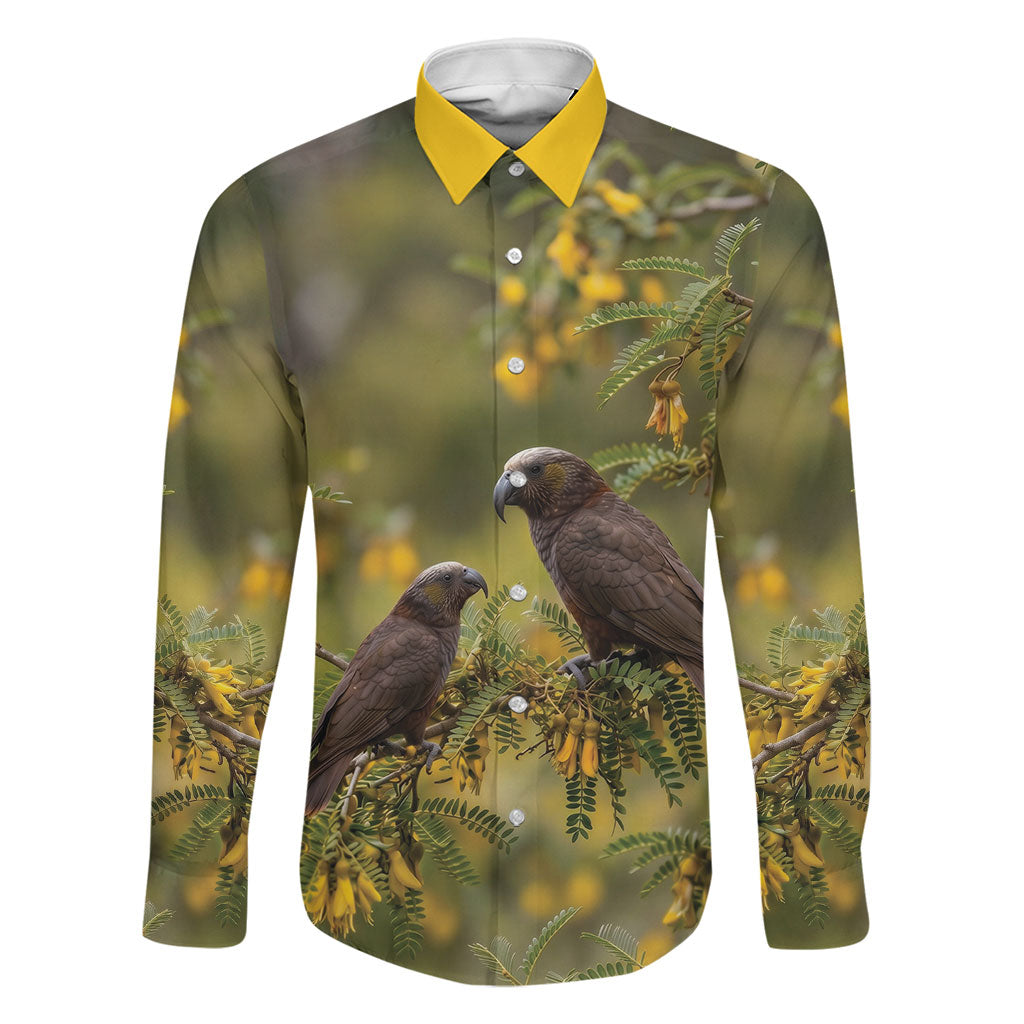 New Zealand Kaka Bird Family Matching Long Sleeve Bodycon Dress and Hawaiian Shirt Kowhai Flower Landscape Style LT22 Dad's Shirt - Long Sleeve Green - Polynesian Pride