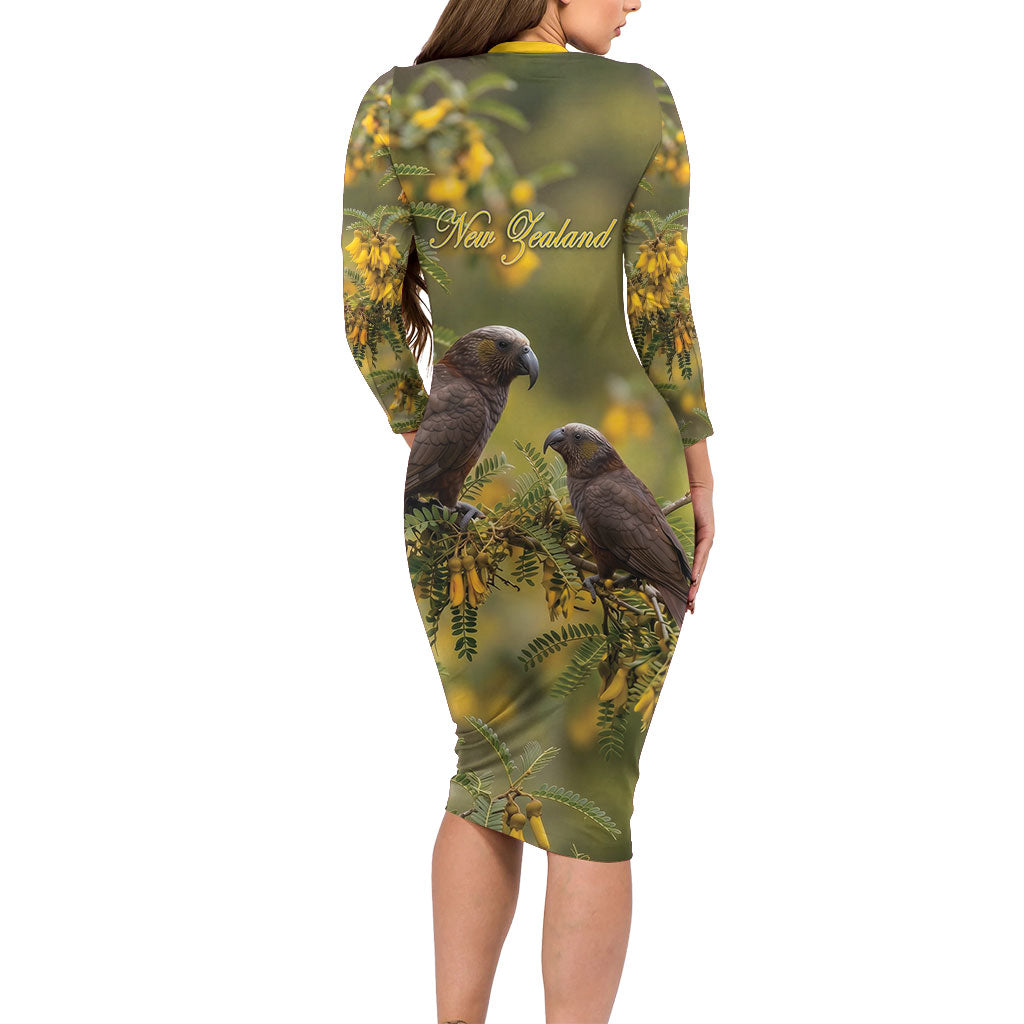 New Zealand Kaka Bird Family Matching Long Sleeve Bodycon Dress and Hawaiian Shirt Kowhai Flower Landscape Style LT22 - Polynesian Pride