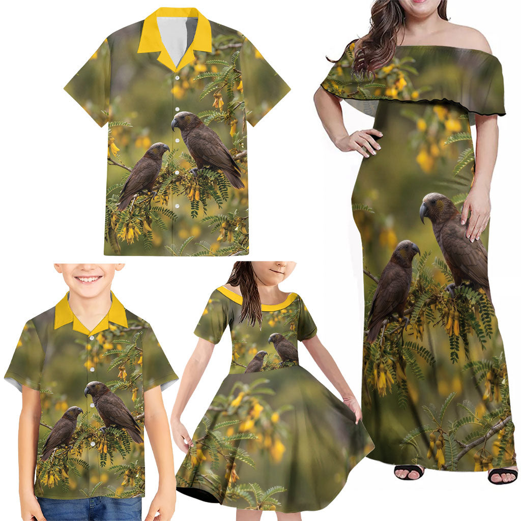 New Zealand Kaka Bird Family Matching Off Shoulder Maxi Dress and Hawaiian Shirt Kowhai Flower Landscape Style LT22 - Polynesian Pride
