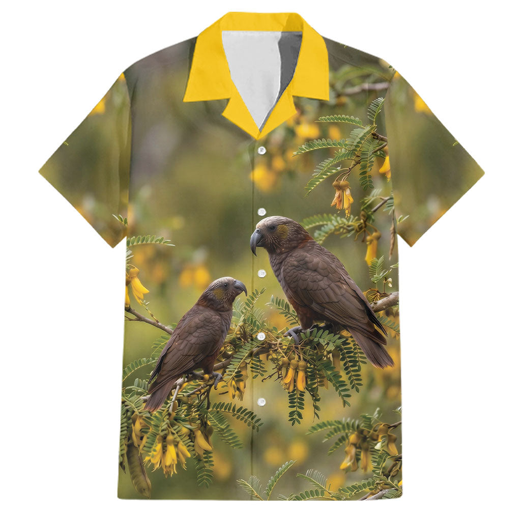 New Zealand Kaka Bird Family Matching Off Shoulder Maxi Dress and Hawaiian Shirt Kowhai Flower Landscape Style LT22 Dad's Shirt - Short Sleeve Green - Polynesian Pride