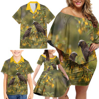 New Zealand Kaka Bird Family Matching Off Shoulder Short Dress and Hawaiian Shirt Kowhai Flower Landscape Style LT22 - Polynesian Pride