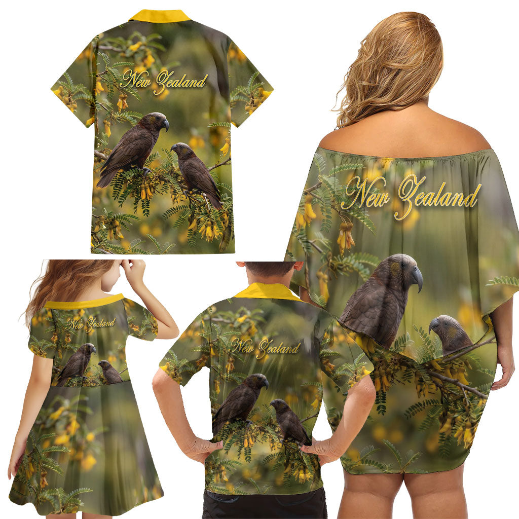 New Zealand Kaka Bird Family Matching Off Shoulder Short Dress and Hawaiian Shirt Kowhai Flower Landscape Style LT22 - Polynesian Pride