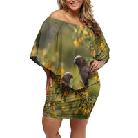 New Zealand Kaka Bird Family Matching Off Shoulder Short Dress and Hawaiian Shirt Kowhai Flower Landscape Style LT22 Mom's Dress Green - Polynesian Pride