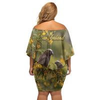 New Zealand Kaka Bird Family Matching Off Shoulder Short Dress and Hawaiian Shirt Kowhai Flower Landscape Style LT22 - Polynesian Pride