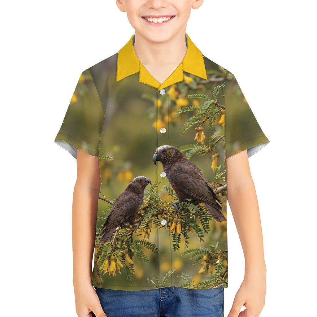 New Zealand Kaka Bird Family Matching Off Shoulder Short Dress and Hawaiian Shirt Kowhai Flower Landscape Style LT22 Son's Shirt Green - Polynesian Pride