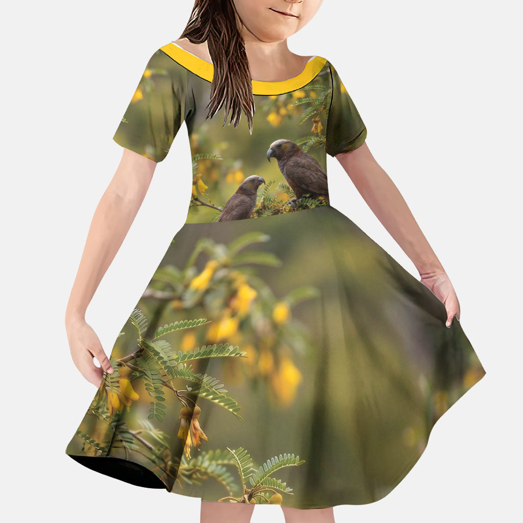 New Zealand Kaka Bird Family Matching Puletasi and Hawaiian Shirt Kowhai Flower Landscape Style LT22 Daughter's Dress Green - Polynesian Pride