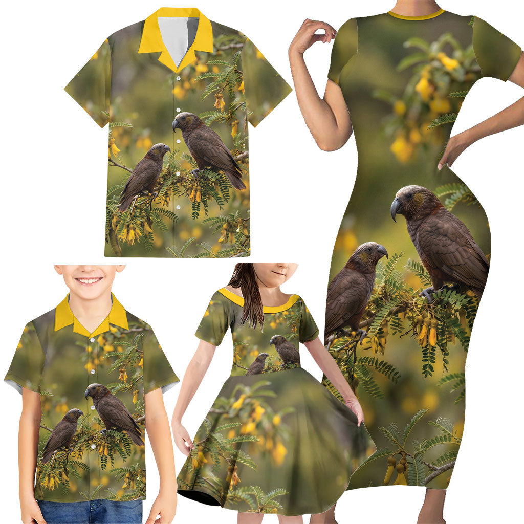 New Zealand Kaka Bird Family Matching Short Sleeve Bodycon Dress and Hawaiian Shirt Kowhai Flower Landscape Style LT22 - Polynesian Pride
