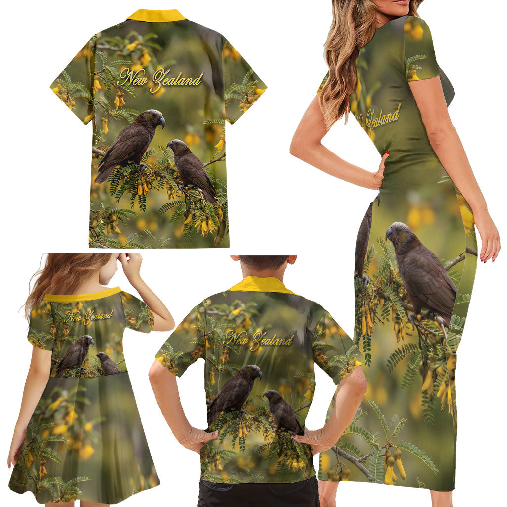 New Zealand Kaka Bird Family Matching Short Sleeve Bodycon Dress and Hawaiian Shirt Kowhai Flower Landscape Style LT22 - Polynesian Pride