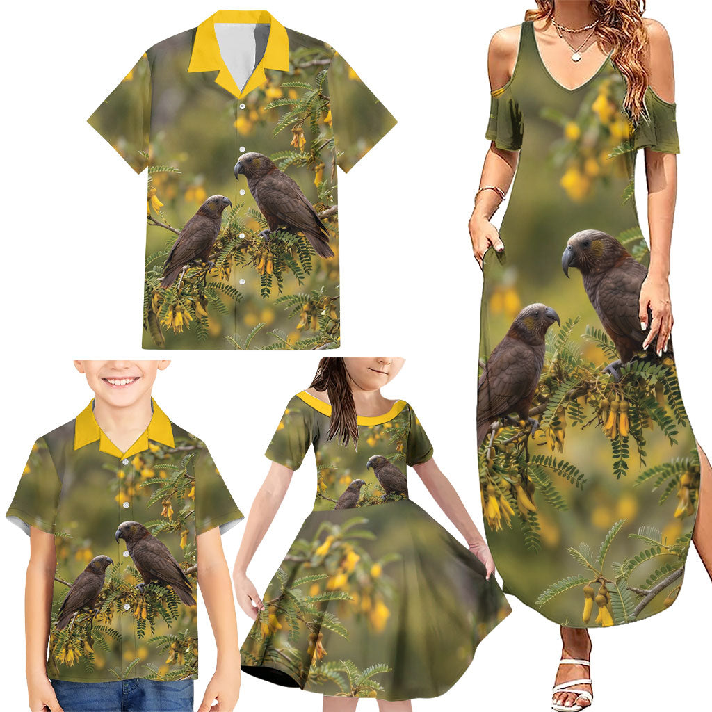 New Zealand Kaka Bird Family Matching Summer Maxi Dress and Hawaiian Shirt Kowhai Flower Landscape Style LT22 - Polynesian Pride