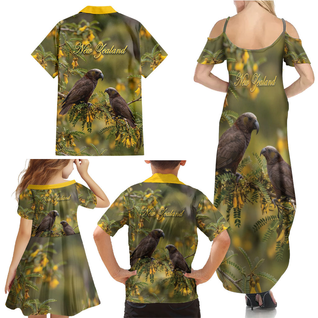 New Zealand Kaka Bird Family Matching Summer Maxi Dress and Hawaiian Shirt Kowhai Flower Landscape Style LT22 - Polynesian Pride