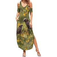 New Zealand Kaka Bird Family Matching Summer Maxi Dress and Hawaiian Shirt Kowhai Flower Landscape Style LT22 Mom's Dress Green - Polynesian Pride