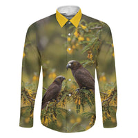 New Zealand Kaka Bird Family Matching Tank Maxi Dress and Hawaiian Shirt Kowhai Flower Landscape Style LT22 Dad's Shirt - Long Sleeve Green - Polynesian Pride