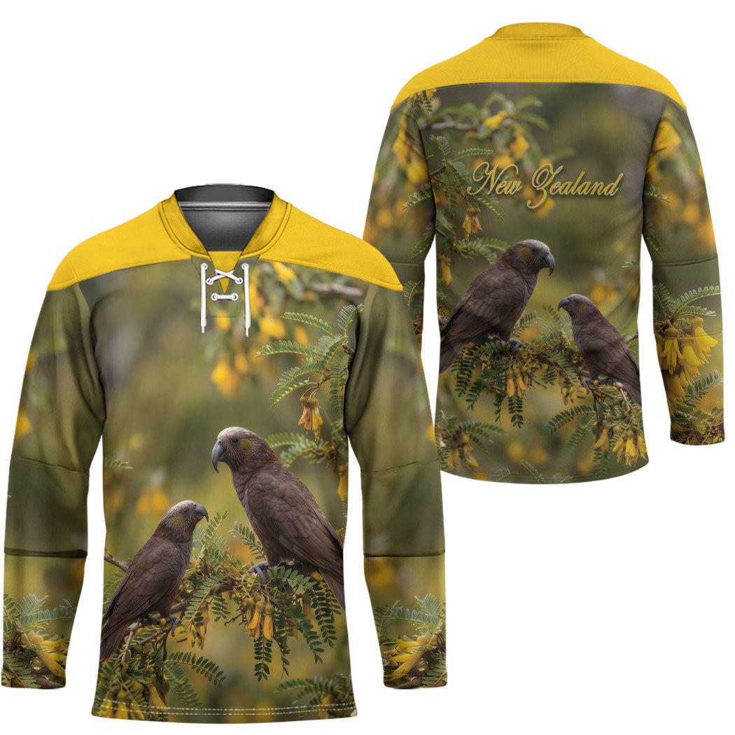 New Zealand Kaka Bird Hockey Jersey Kowhai Flower Landscape Style