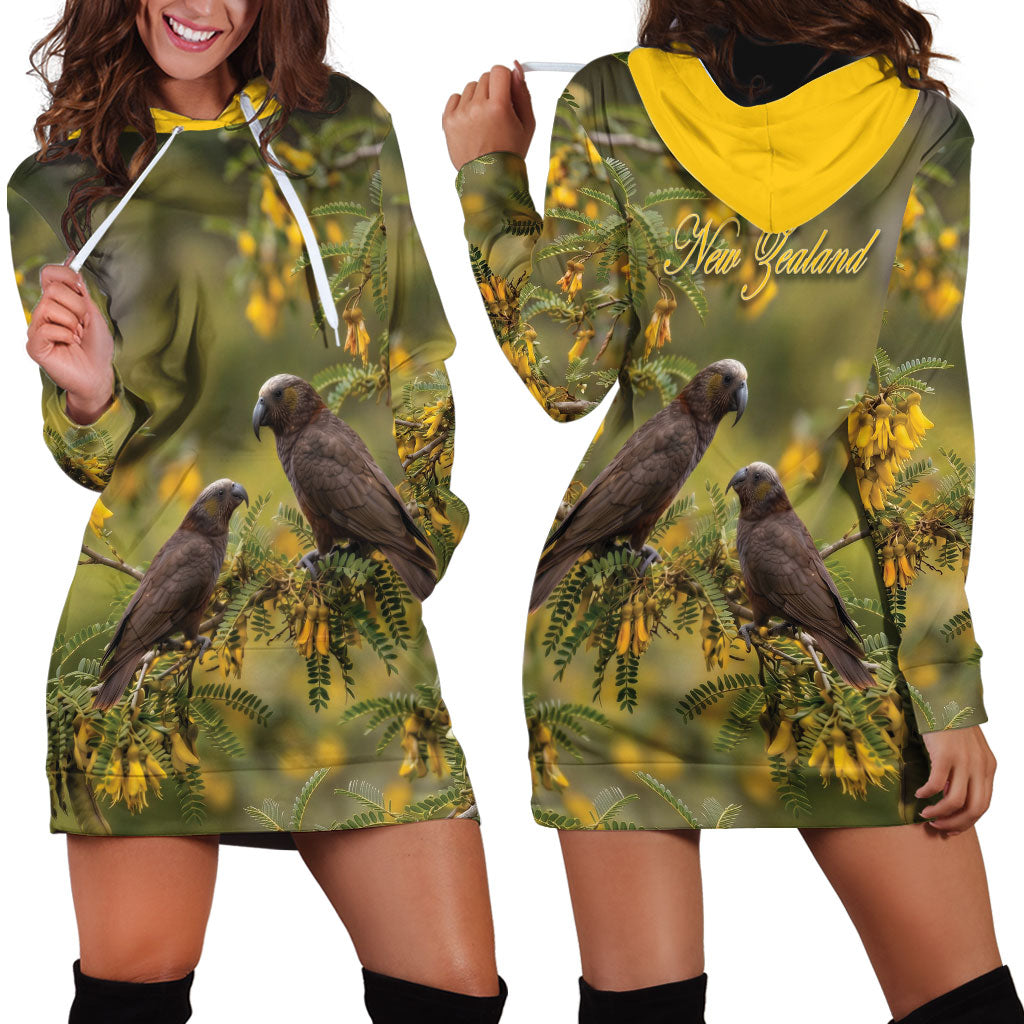 New Zealand Kaka Bird Hoodie Dress Kowhai Flower Landscape Style LT22 - Polynesian Pride