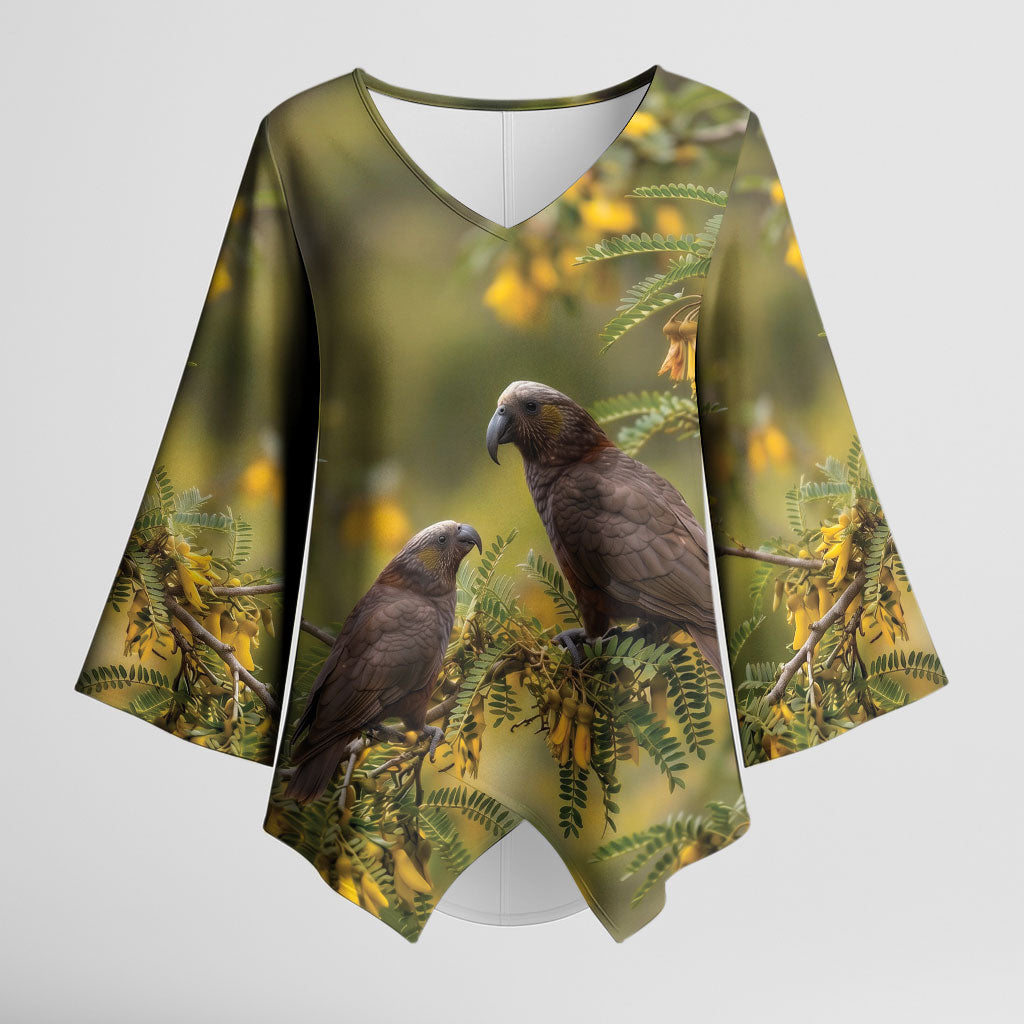 New Zealand Kaka Bird Kimono Sleeve Blouse Kowhai Flower Landscape Style