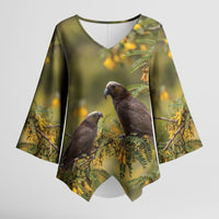 New Zealand Kaka Bird Kimono Sleeve Blouse Kowhai Flower Landscape Style