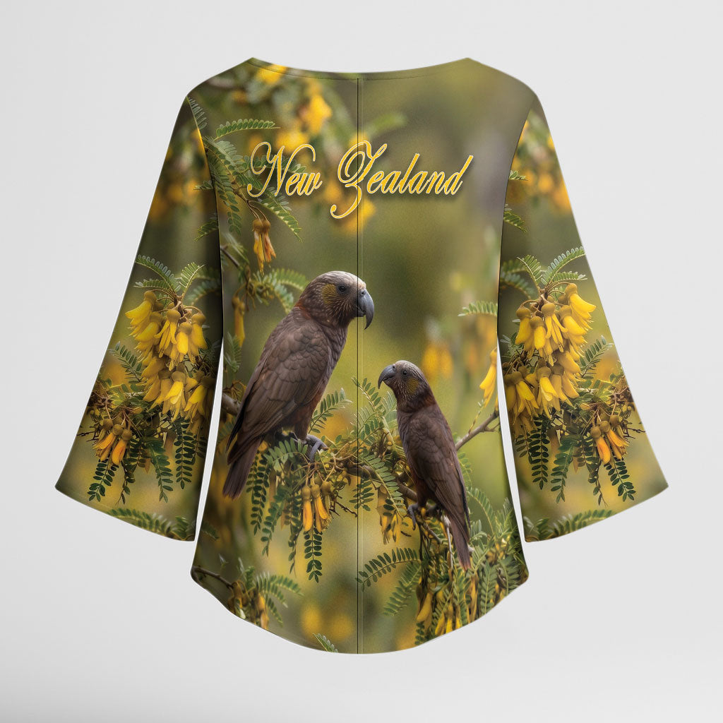 New Zealand Kaka Bird Kimono Sleeve Blouse Kowhai Flower Landscape Style