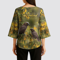 New Zealand Kaka Bird Kimono Sleeve Blouse Kowhai Flower Landscape Style