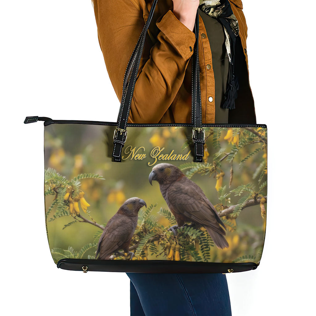 New Zealand Kaka Bird Leather Tote Bag Kowhai Flower Landscape Style LT22 - Polynesian Pride
