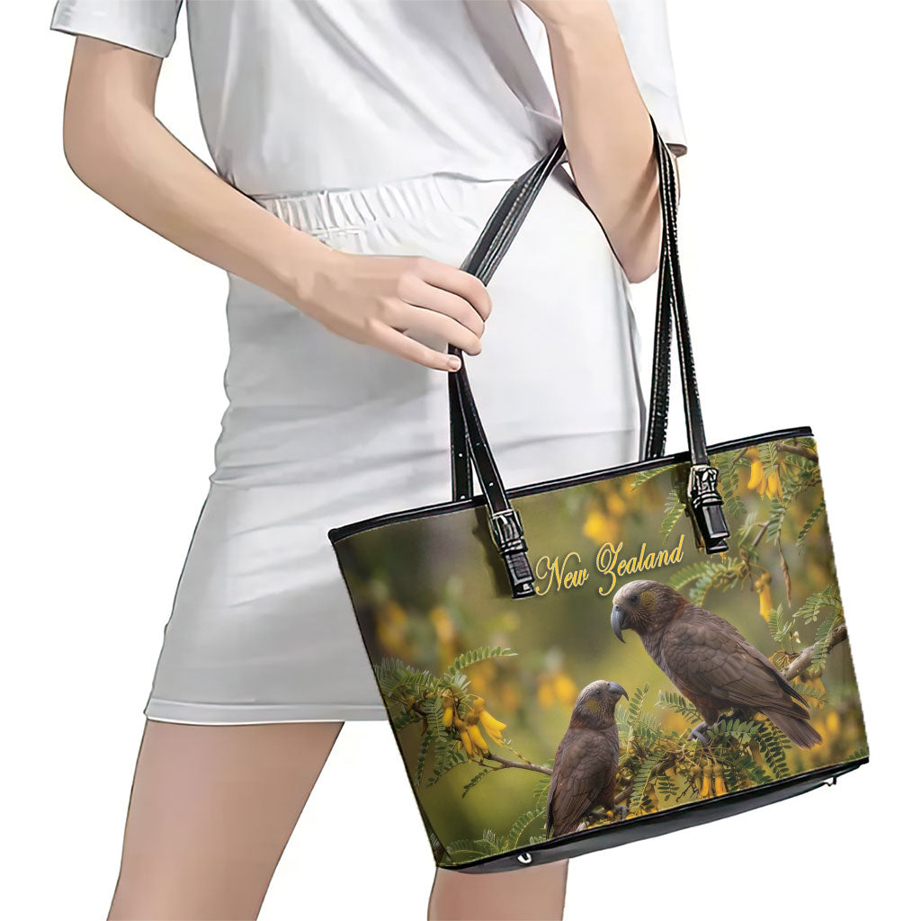 New Zealand Kaka Bird Leather Tote Bag Kowhai Flower Landscape Style LT22 - Polynesian Pride