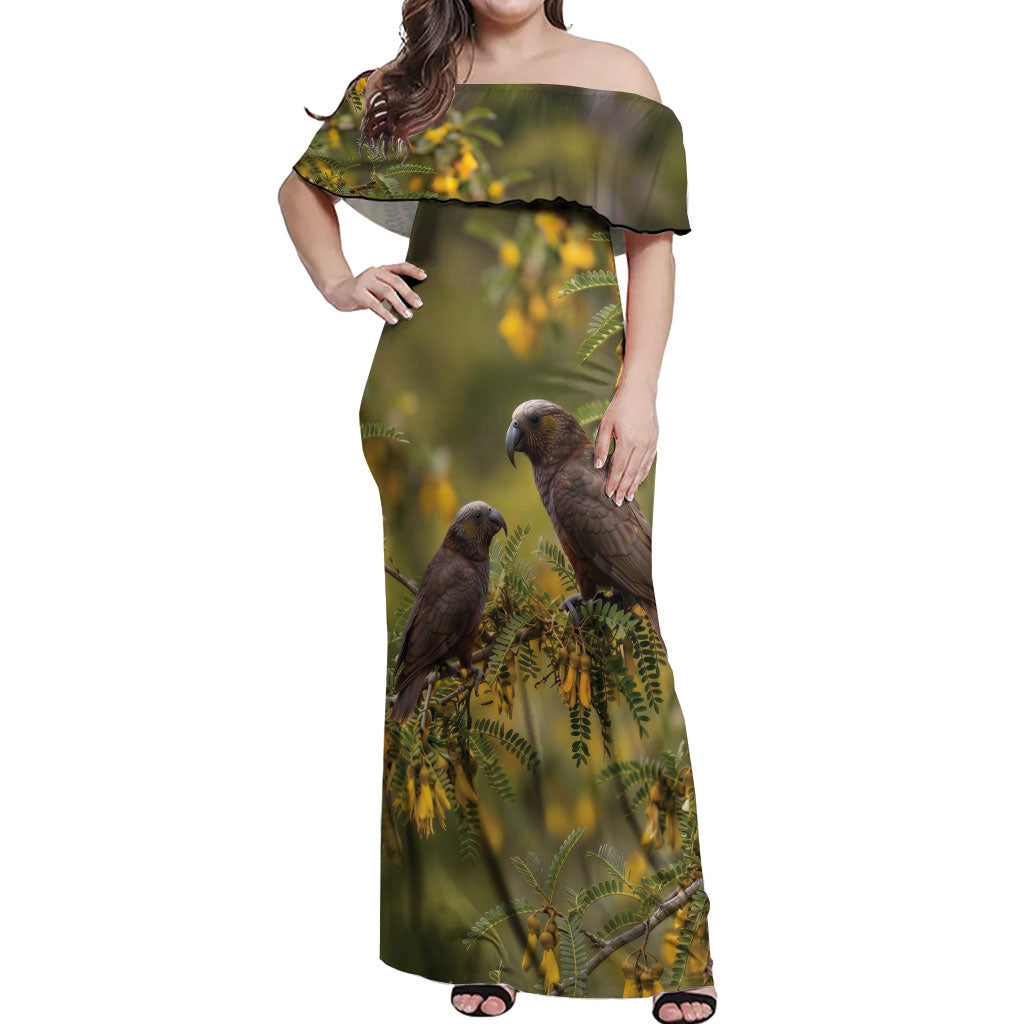 New Zealand Kaka Bird Off Shoulder Maxi Dress Kowhai Flower Landscape Style
