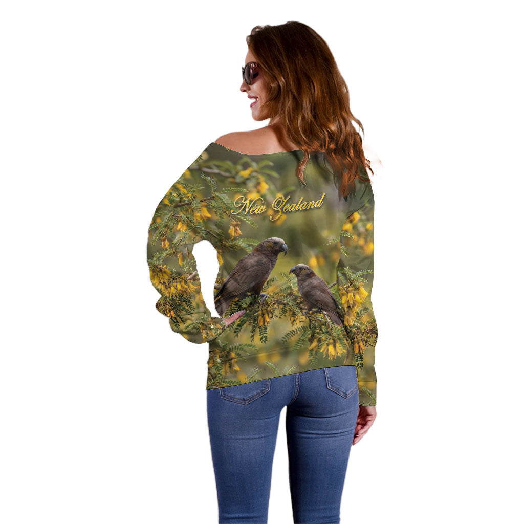 New Zealand Kaka Bird Off Shoulder Sweater Kowhai Flower Landscape Style