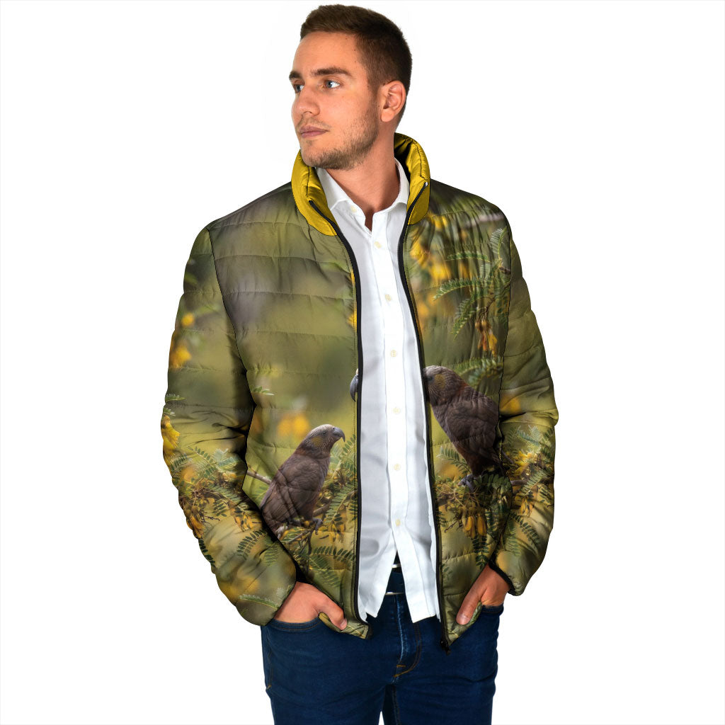 New Zealand Kaka Bird Padded Jacket Kowhai Flower Landscape Style