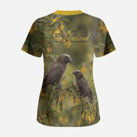 New Zealand Kaka Bird Scrub Top Kowhai Flower Landscape Style