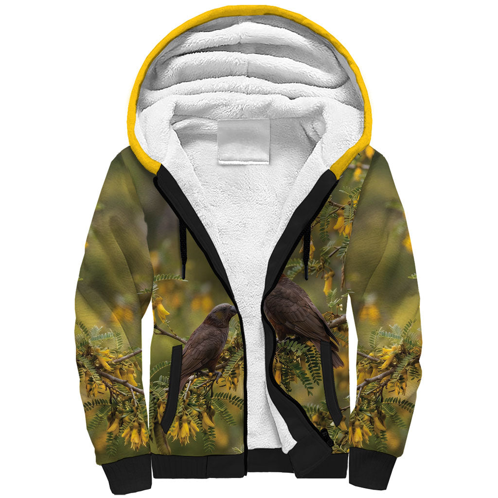 New Zealand Kaka Bird Sherpa Hoodie Kowhai Flower Landscape Style