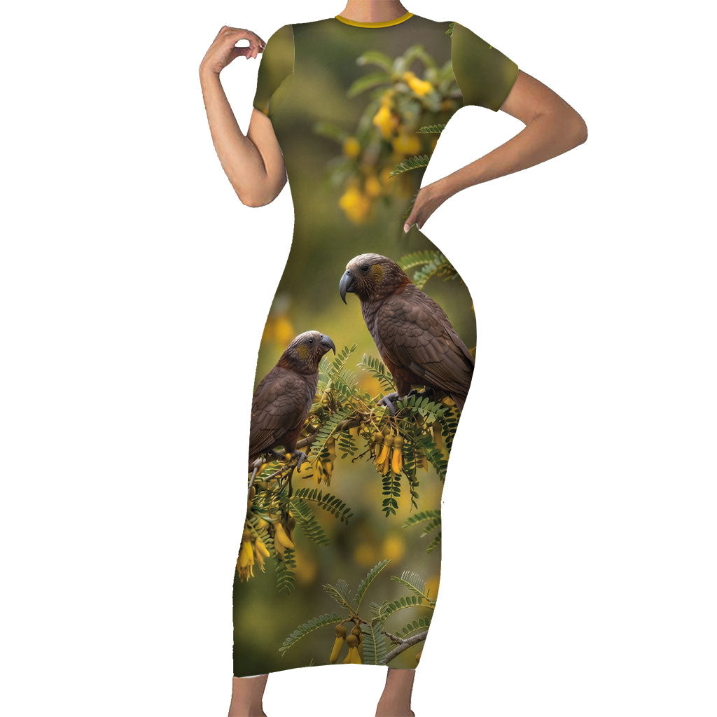 New Zealand Kaka Bird Short Sleeve Bodycon Dress Kowhai Flower Landscape Style