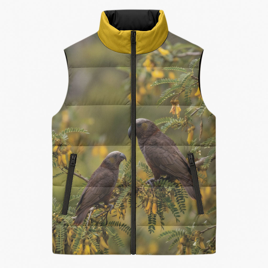 New Zealand Kaka Bird Sleeveless Puffer Jacket Kowhai Flower Landscape Style