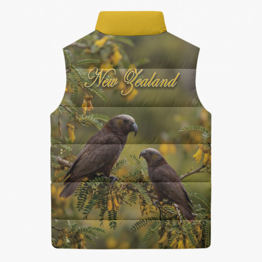 New Zealand Kaka Bird Sleeveless Puffer Jacket Kowhai Flower Landscape Style