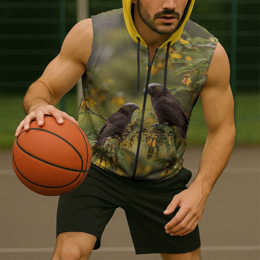 New Zealand Kaka Bird Sleeveless Zip Hoodie Kowhai Flower Landscape Style