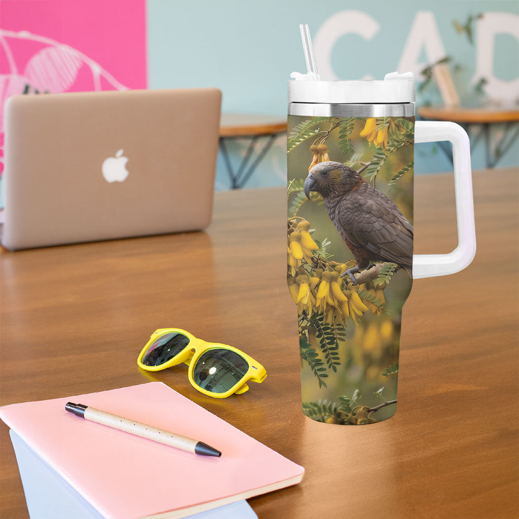 New Zealand Kaka Bird Tumbler With Handle Kowhai Flower Landscape Style