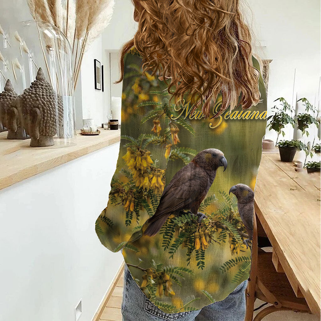 New Zealand Kaka Bird Women Casual Shirt Kowhai Flower Landscape Style LT22 - Polynesian Pride